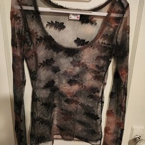 Elegant Mesh Long Sleeve Top - Black and Brown